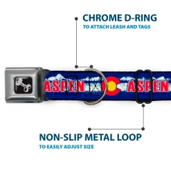 Dog Bone Seatbelt Buckle Collar - Colorado ASPEN Flag/Snowy Mountains Weathered Blue/White/Red/Yellows