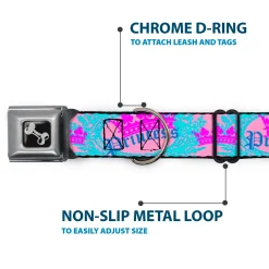 Dog Bone Seatbelt Buckle Collar - Crown Princess Oval Pink/Turquoise