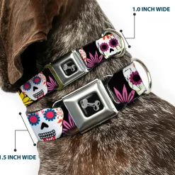 Dog Bone Seatbelt Buckle Collar - Sugar Skulls & Flowers Black/Multi Color