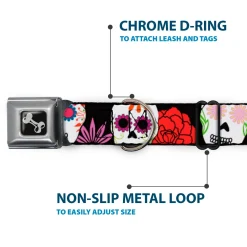 Dog Bone Seatbelt Buckle Collar - Sugar Skulls & Flowers Black/Multi Color