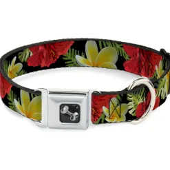 Dog Bone Seatbelt Buckle Collar - Tropical Floral Collage Black/Red/Orange
