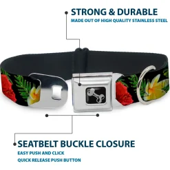 Dog Bone Seatbelt Buckle Collar - Tropical Floral Collage Black/Red/Orange