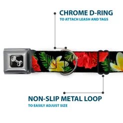 Dog Bone Seatbelt Buckle Collar - Tropical Floral Collage Black/Red/Orange