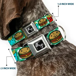 Dog Bone Seatbelt Buckle Collar - Burger & Fries Cartoon Straight Green Tablecloth