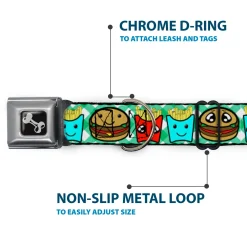 Dog Bone Seatbelt Buckle Collar - Burger & Fries Cartoon Straight Green Tablecloth