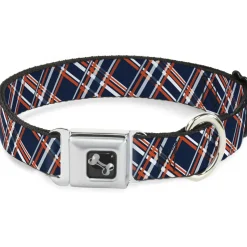 Dog Bone Seatbelt Buckle Collar - Plaid X3 Navy/Orange/White