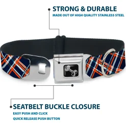 Dog Bone Seatbelt Buckle Collar - Plaid X3 Navy/Orange/White