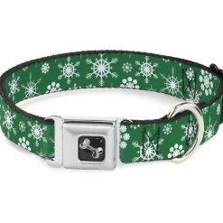 Dog Bone Seatbelt Buckle Collar - Snowflakes Green/White