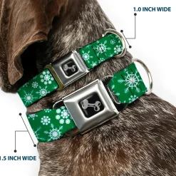 Dog Bone Seatbelt Buckle Collar - Snowflakes Green/White