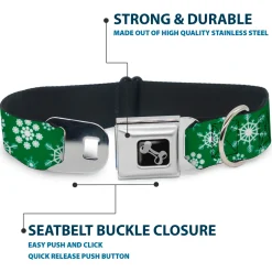 Dog Bone Seatbelt Buckle Collar - Snowflakes Green/White