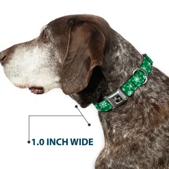 Dog Bone Seatbelt Buckle Collar - Snowflakes Green/White
