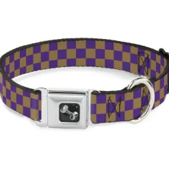 Dog Bone Seatbelt Buckle Collar - Checker Purple/Gold
