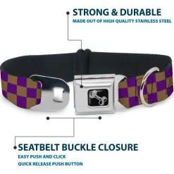 Dog Bone Seatbelt Buckle Collar - Checker Purple/Gold