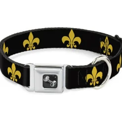 Dog Bone Seatbelt Buckle Collar - Fleur-de-Lis Black/Yellow