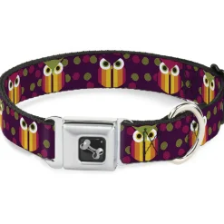 Dog Bone Seatbelt Buckle Collar - Owls Striped w/Swirls Purple