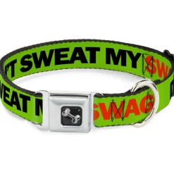 Dog Bone Seatbelt Buckle Collar - DON'T SWEAT MY SWAG Neon Green/Black/Red