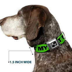Dog Bone Seatbelt Buckle Collar - DON'T SWEAT MY SWAG Neon Green/Black/Red