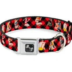 Dog Bone Seatbelt Buckle Collar - Pin Up Girl Poses Buffalo Plaid Blocks Black/Red