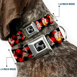 Dog Bone Seatbelt Buckle Collar - Pin Up Girl Poses Buffalo Plaid Blocks Black/Red