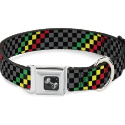 Dog Bone Seatbelt Buckle Collar - Checker Stripe Black/Gray/Rasta