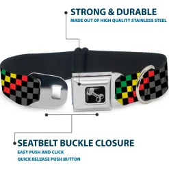 Dog Bone Seatbelt Buckle Collar - Checker Stripe Black/Gray/Rasta
