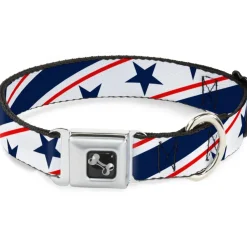Dog Bone Seatbelt Buckle Collar - Americana Diagonal Stars & Stripes White/Red/Blue