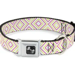 Dog Bone Seatbelt Buckle Collar - Square Lines White/Fluorescent Orange/Pink/Yellow