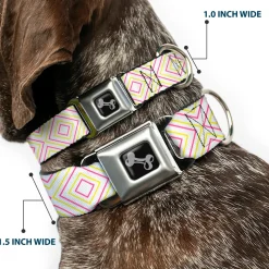 Dog Bone Seatbelt Buckle Collar - Square Lines White/Fluorescent Orange/Pink/Yellow