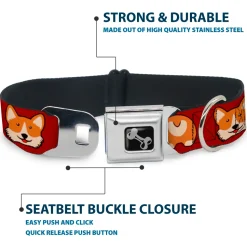Dog Bone Seatbelt Buckle Collar - Corgi Face/Rump Red