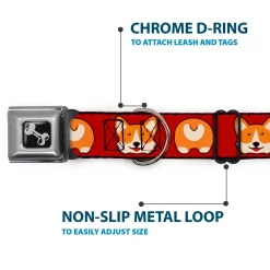 Dog Bone Seatbelt Buckle Collar - Corgi Face/Rump Red