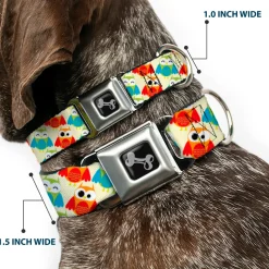 Dog Bone Seatbelt Buckle Collar - Owl Eyes Yellow/Reds/Blues