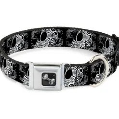 Dog Bone Seatbelt Buckle Collar - Tattoo Skull Floral Black/White
