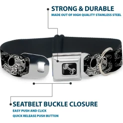 Dog Bone Seatbelt Buckle Collar - Tattoo Skull Floral Black/White