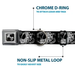 Dog Bone Seatbelt Buckle Collar - Tattoo Skull Floral Black/White