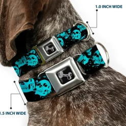 Dog Bone Seatbelt Buckle Collar - Skulls Stacked Weathered Black/Teal