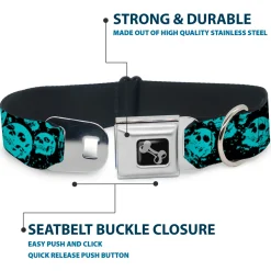 Dog Bone Seatbelt Buckle Collar - Skulls Stacked Weathered Black/Teal