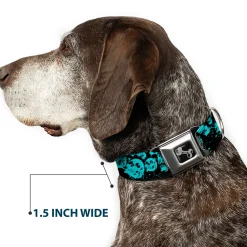 Dog Bone Seatbelt Buckle Collar - Skulls Stacked Weathered Black/Teal