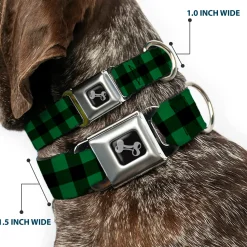 Dog Bone Seatbelt Buckle Collar - Buffalo Plaid Black/Green