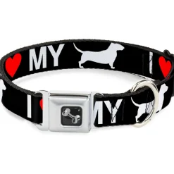 Dog Bone Seatbelt Buckle Collar - I "HEART" MY "WIENER" Dog Silhouette Black/White/Red