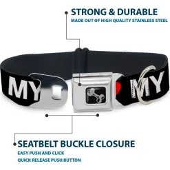 Dog Bone Seatbelt Buckle Collar - I "HEART" MY "WIENER" Dog Silhouette Black/White/Red