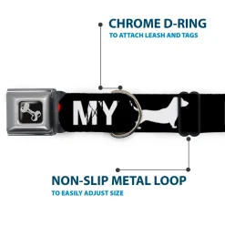 Dog Bone Seatbelt Buckle Collar - I "HEART" MY "WIENER" Dog Silhouette Black/White/Red