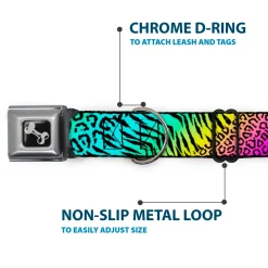 Dog Bone Seatbelt Buckle Collar - Animal Skins Rainbow/Black