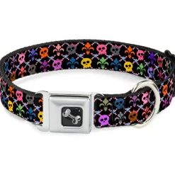 Dog Bone Seatbelt Buckle Collar - Skull & Fleur-de-Lis Black/Multi Color
