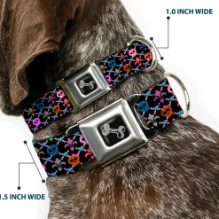 Dog Bone Seatbelt Buckle Collar - Skull & Fleur-de-Lis Black/Multi Color