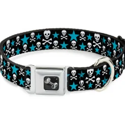 Dog Bone Seatbelt Buckle Collar - Skulls & Stars Black/White/Blue