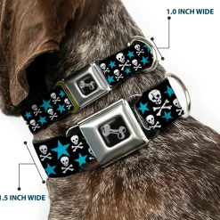 Dog Bone Seatbelt Buckle Collar - Skulls & Stars Black/White/Blue