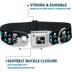 Dog Bone Seatbelt Buckle Collar - Skulls & Stars Black/White/Blue