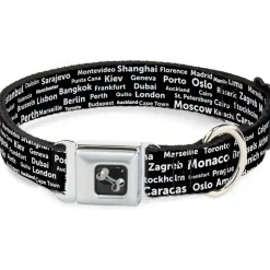 Dog Bone Seatbelt Buckle Collar - Verbiage Destination Cities Black/White