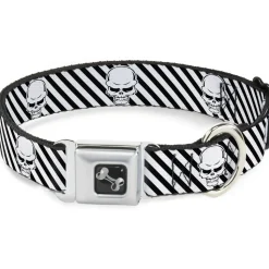 Dog Bone Seatbelt Buckle Collar - Metal Skull Black/White