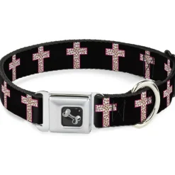 Dog Bone Seatbelt Buckle Collar - Cross Repeat Black/Leopard Brown/Pink Outline